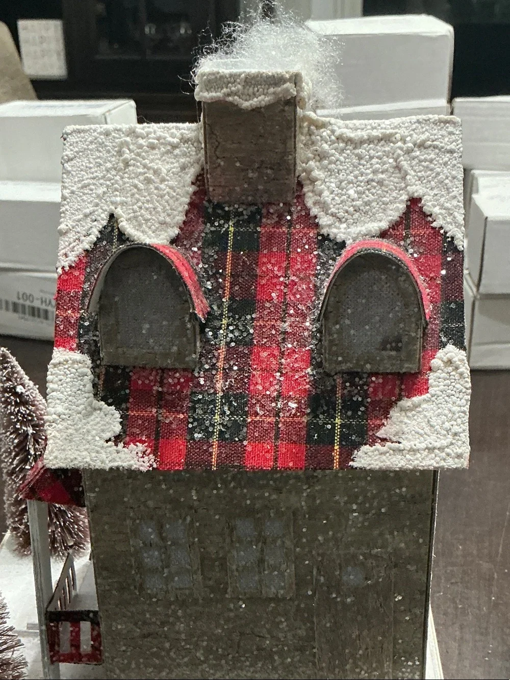 Plaid Roof Holiday Decorative House - White and Red